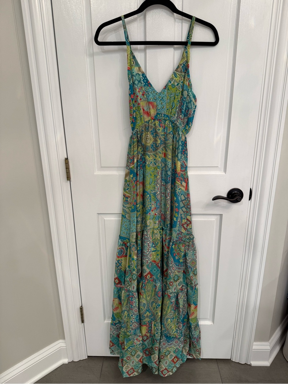 Rhea Boho Maxi Dress in Teal Patchwork Print